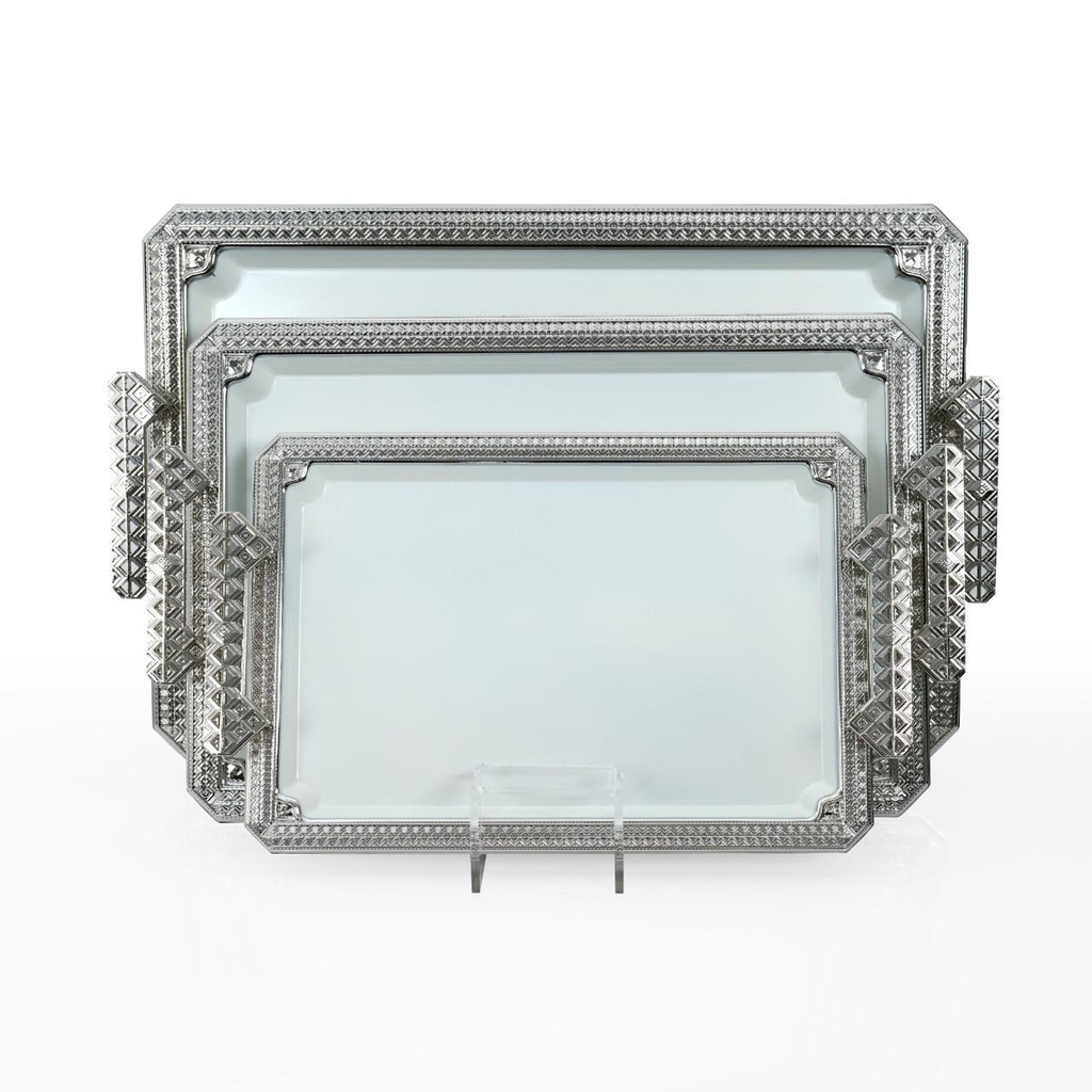 3PCS TRAY WITH DALLA PATTERN DESIGN (SIZE : 50.5X34.5/43.5X29.7/35.5X24.3CM) THICKNESS 0.8MM COLOR : NICKEL WHITE